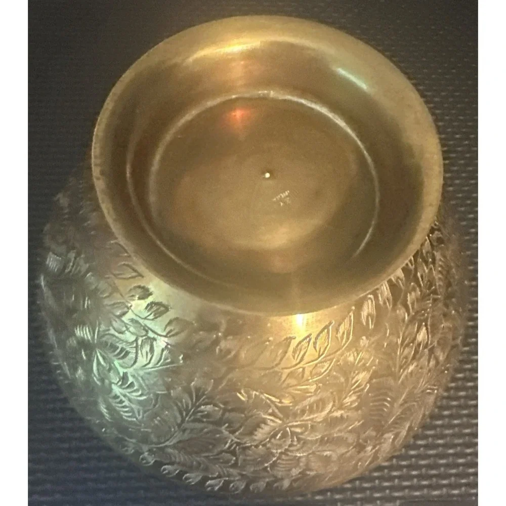 Vintage Z.Y. India Brass Bowl Brass Etched Pedestal
